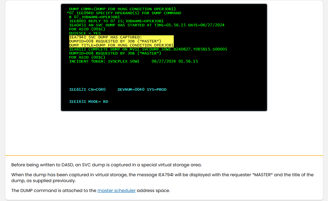 Obtaining SVC Dumps for Problem Analysis Invoking an SVC Dump: Obtaining SVC Dumps for Problem Analysis - Captured SVC Dump screenshot
