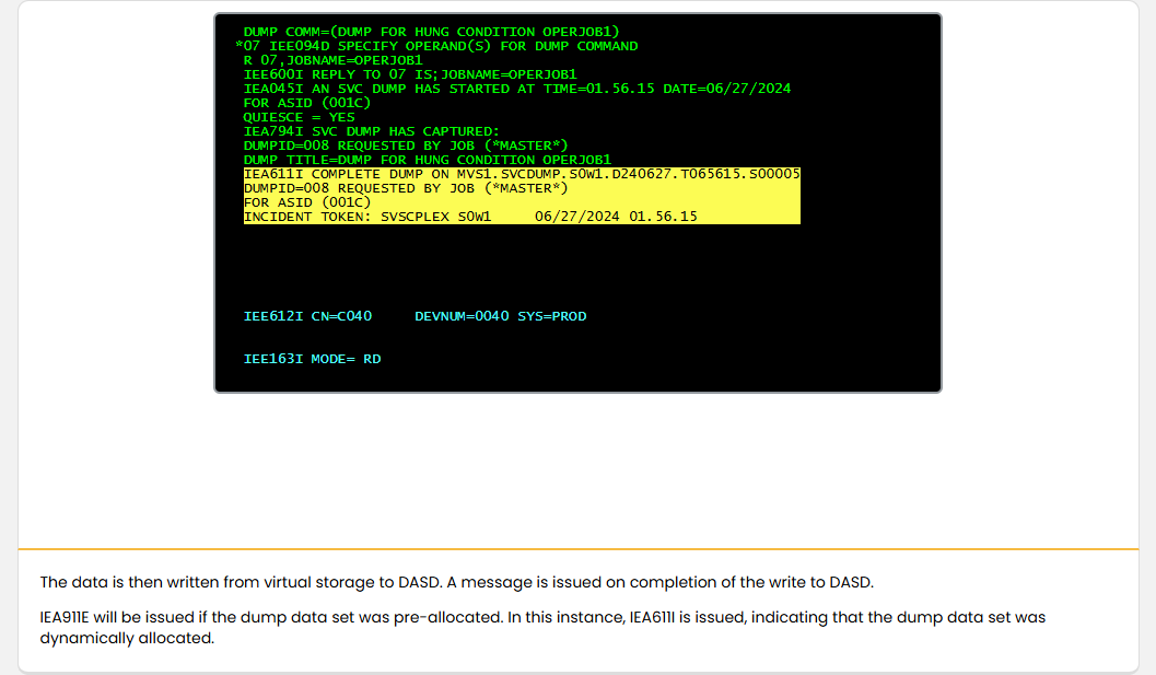 Obtaining SVC Dumps for Problem Analysis Invoking an SVC Dump: Obtaining SVC Dumps for Problem Analysis - Captured SVC Dump screenshot