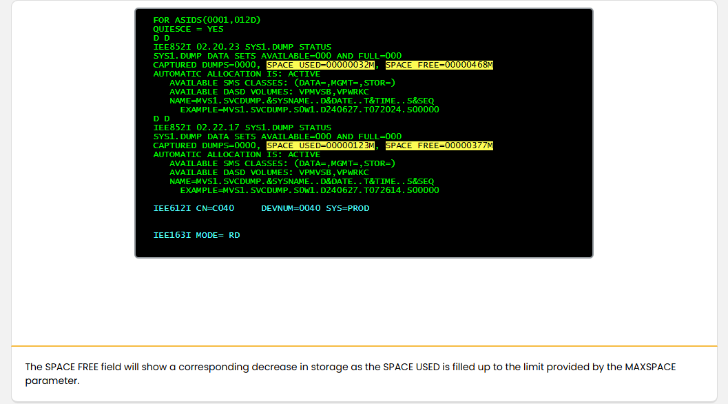 Obtaining SVC Dumps for Problem Analysis Invoking an SVC Dump: Obtaining SVC Dumps for Problem Analysis - SVC Dump Space Usage screenshot