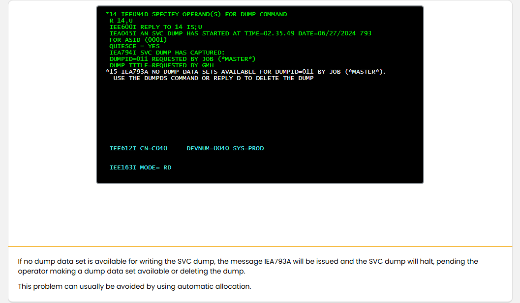 Obtaining SVC Dumps for Problem Analysis Invoking an SVC Dump: Obtaining SVC Dumps for Problem Analysis - No Dump Data Sets Available screenshot