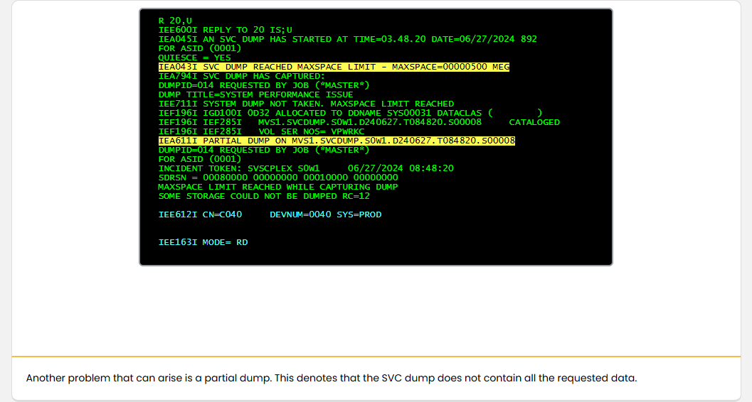 Obtaining SVC Dumps for Problem Analysis Invoking an SVC Dump: Obtaining SVC Dumps for Problem Analysis - Incomplete Dump screenshot