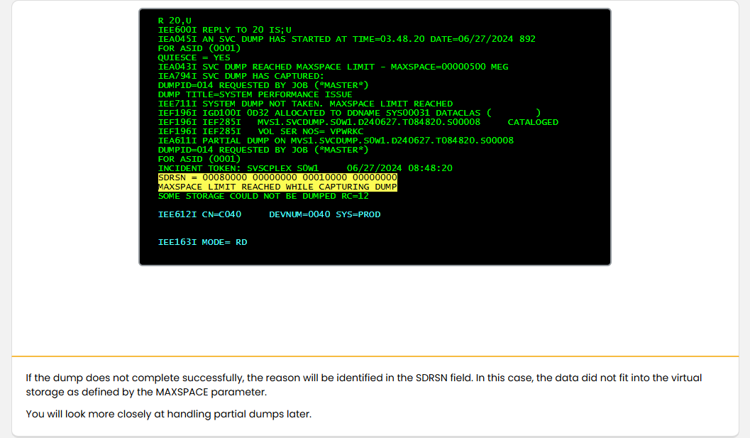 Obtaining SVC Dumps for Problem Analysis Invoking an SVC Dump: Obtaining SVC Dumps for Problem Analysis - Incomplete Dump screenshot