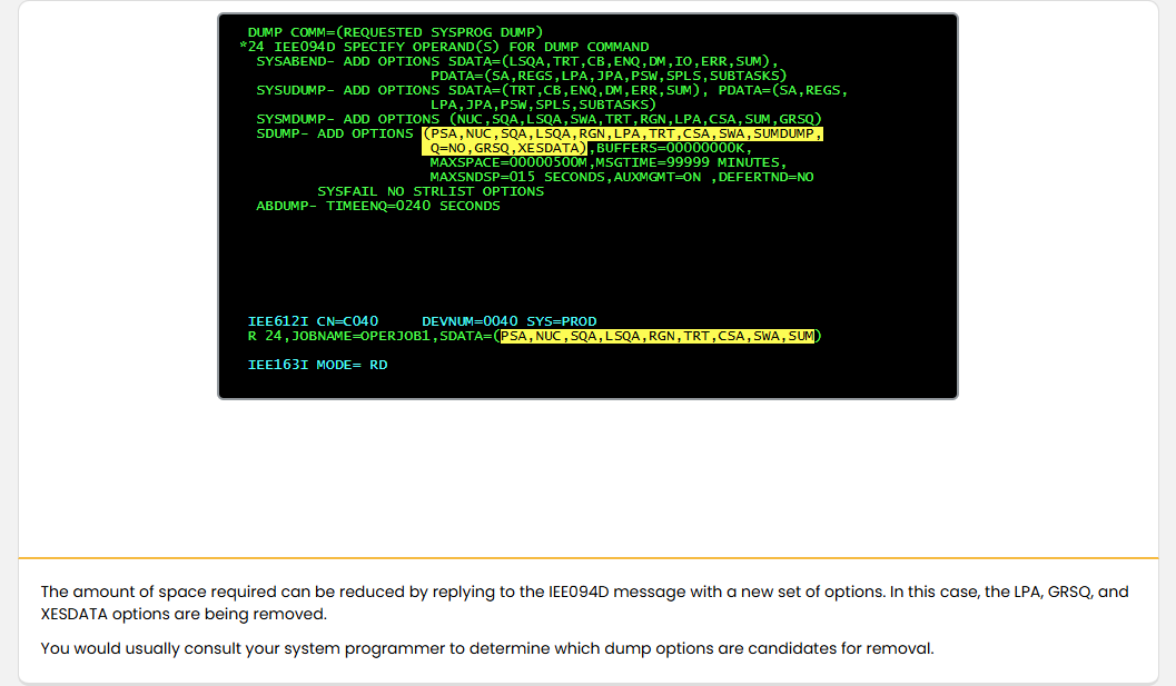 Obtaining SVC Dumps for Problem Analysis Partial Dumps: Obtaining SVC Dumps for Problem Analysis - SDUMP Options screenshot