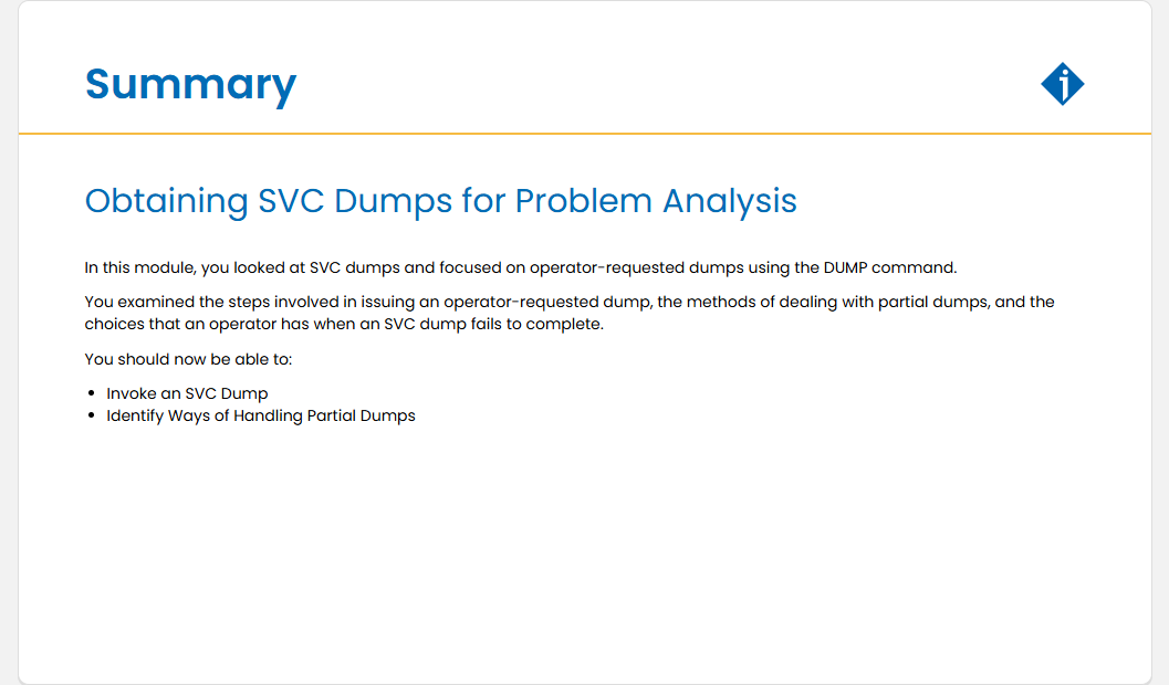 Obtaining SVC Dumps for Problem Analysis Quiz: Obtaining SVC Dumps for Problem Analysis - Summary screenshot