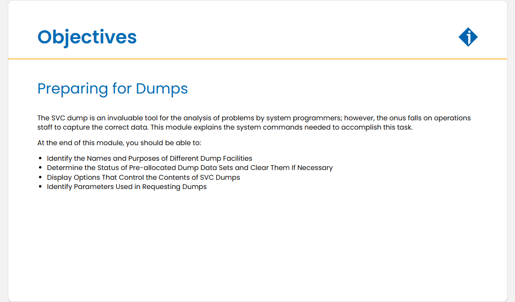 Preparing for Dumps Preparing for Dumps - Objectives screenshot