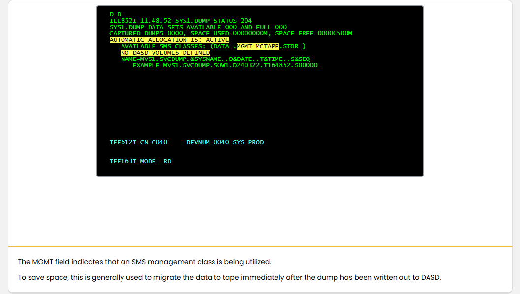 Preparing for Dumps SVC Dump Data Sets: Preparing for Dumps - Dump Data Sets SMS Management Class screenshot