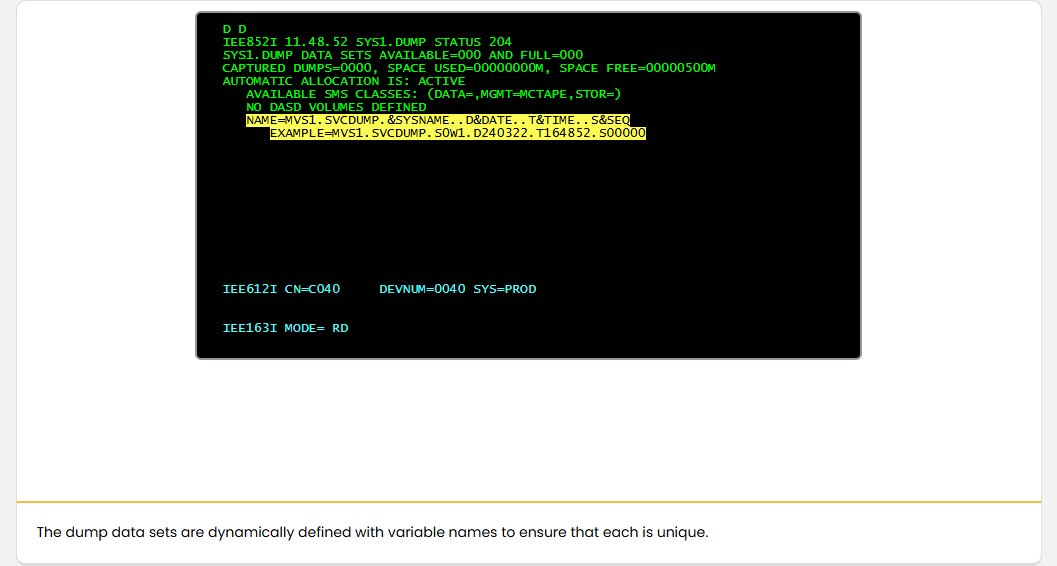 Preparing for Dumps SVC Dump Data Sets: Preparing for Dumps - SVC Dump Data Sets Variable Names screenshot