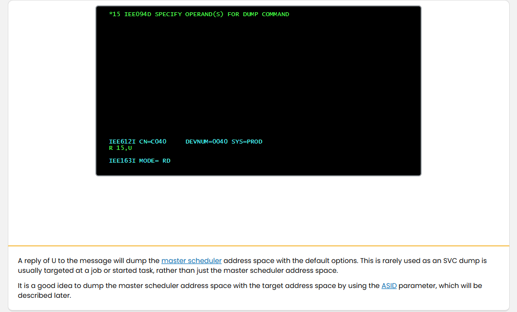 Preparing for Dumps SVC Dump Parameters: Preparing for Dumps - Dump Message Response screenshot