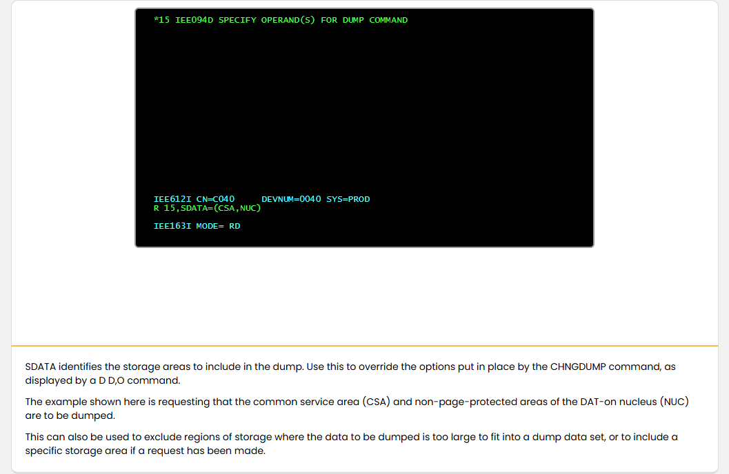 Preparing for Dumps SVC Dump Parameters: Preparing for Dumps - SDATA Parameter screenshot