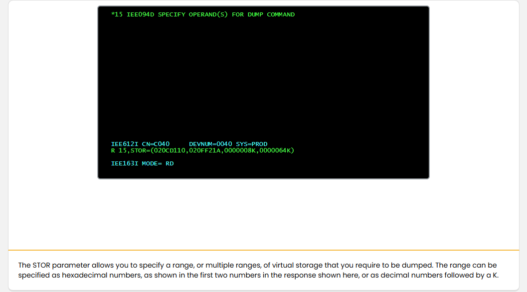 Preparing for Dumps SVC Dump Parameters: Preparing for Dumps - STOR Parameter screenshot