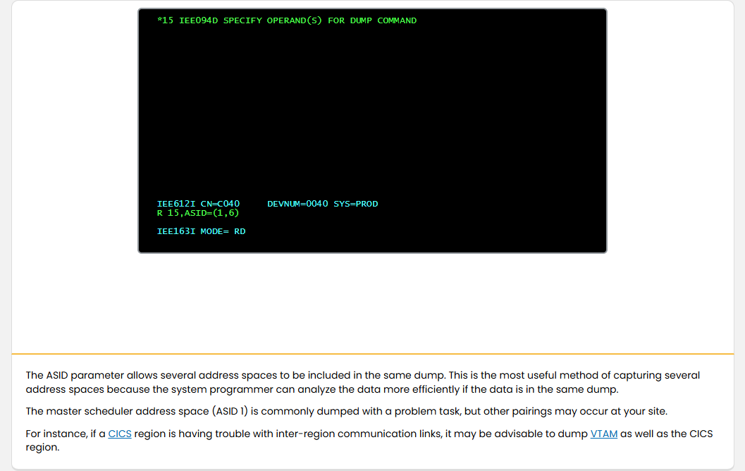 Preparing for Dumps SVC Dump Parameters: Preparing for Dumps - ASID Parameter screenshot