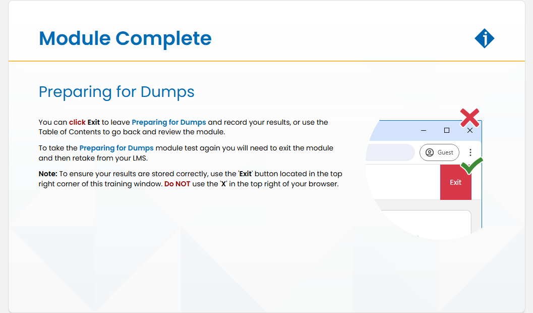 Preparing for Dumps Module Test: Preparing for Dumps - Module Complete screenshot
