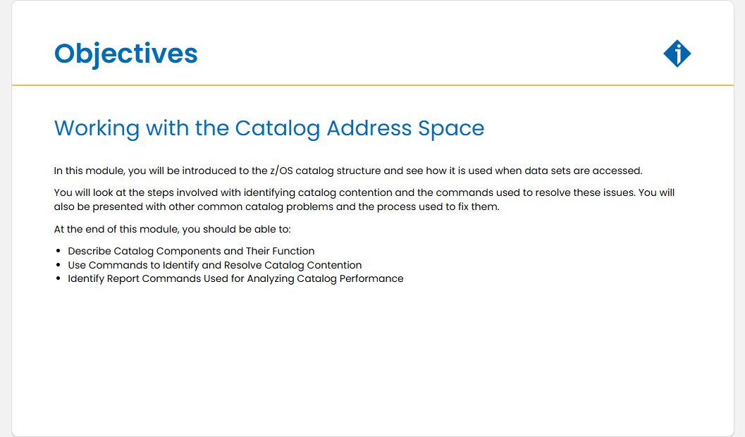 Working with the Catalog Address Space Working with the Catalog Address Space - Objectives screenshot