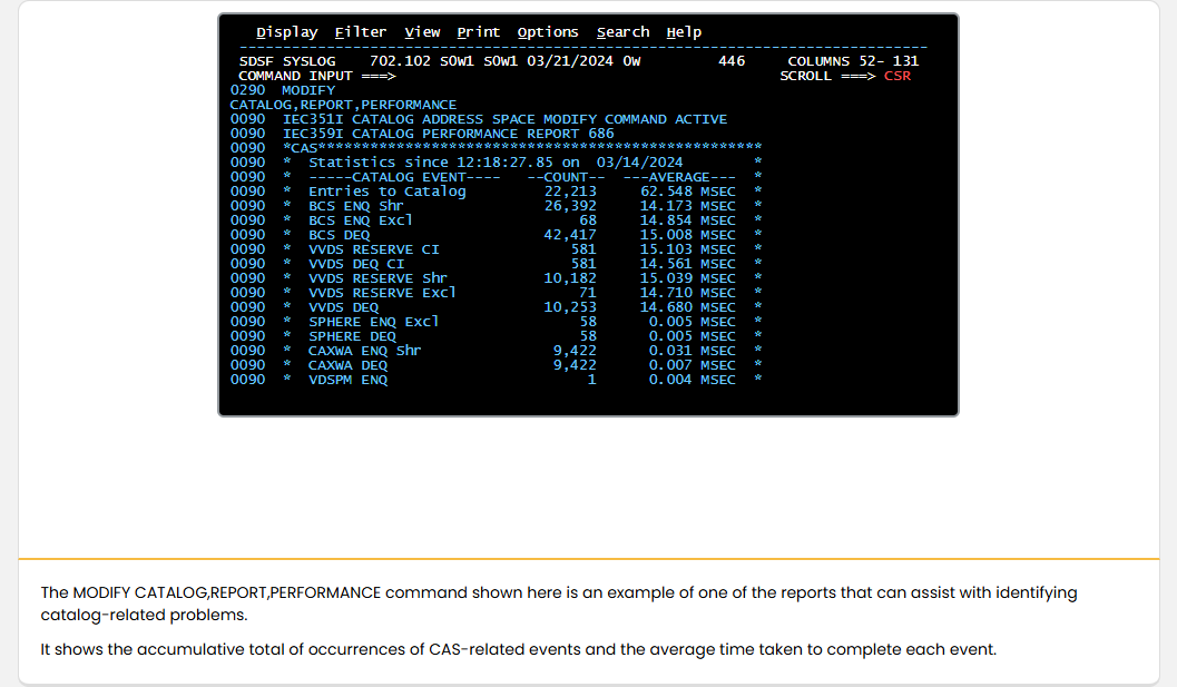 Working with the Catalog Address Space Understanding Catalogs: Working with the Catalog Address Space - CAS Reports screenshot