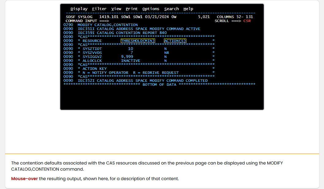 Working with the Catalog Address Space Catalog Contention: Working with the Catalog Address Space - Displaying Catalog Contention Defaults screenshot