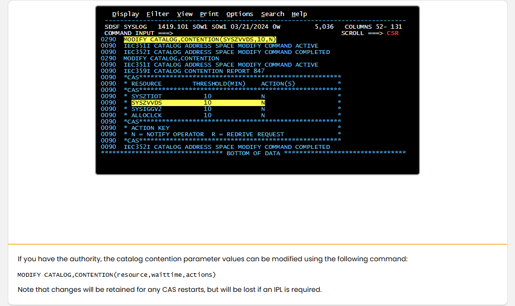 Working with the Catalog Address Space Catalog Contention: Working with the Catalog Address Space - Modifying Catalog Contention Defaults screenshot