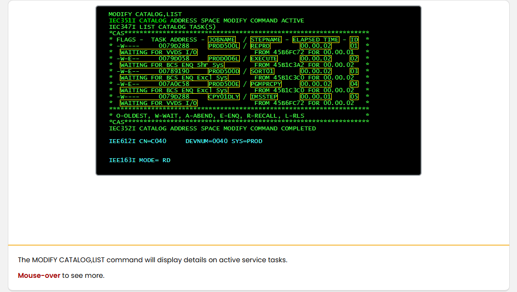 Working with the Catalog Address Space Catalog Contention: Working with the Catalog Address Space - Displaying Active Service Tasks screenshot