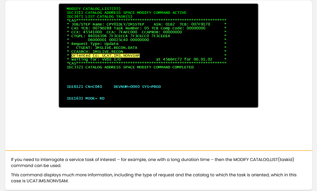 Working with the Catalog Address Space Catalog Contention: Working with the Catalog Address Space - Displaying Detailed Service Task Information screenshot