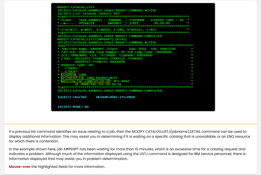 Working with the Catalog Address Space Catalog Contention: Working with the Catalog Address Space - Displaying Jobname Details screenshot