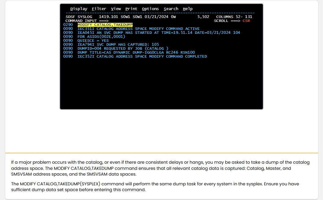 Working with the Catalog Address Space Catalog Contention: Working with the Catalog Address Space - Dumps screenshot