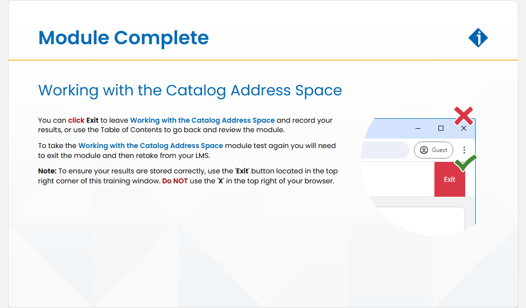 Working with the Catalog Address Space Module Test: Working with the Catalog Address Space - Module Complete screenshot